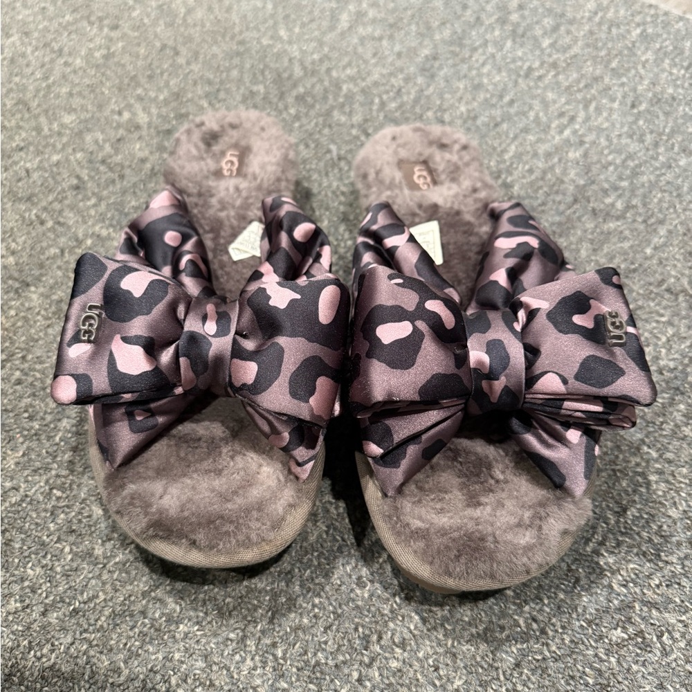 UGG Pink and Black Animal Print Bow Slippers